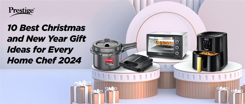 Prestige kitchen appliances including a pressure cooker, oven, sandwich maker, and air fryer, showcasing 10 best Christmas and New Year gift ideas for home chefs in 2024